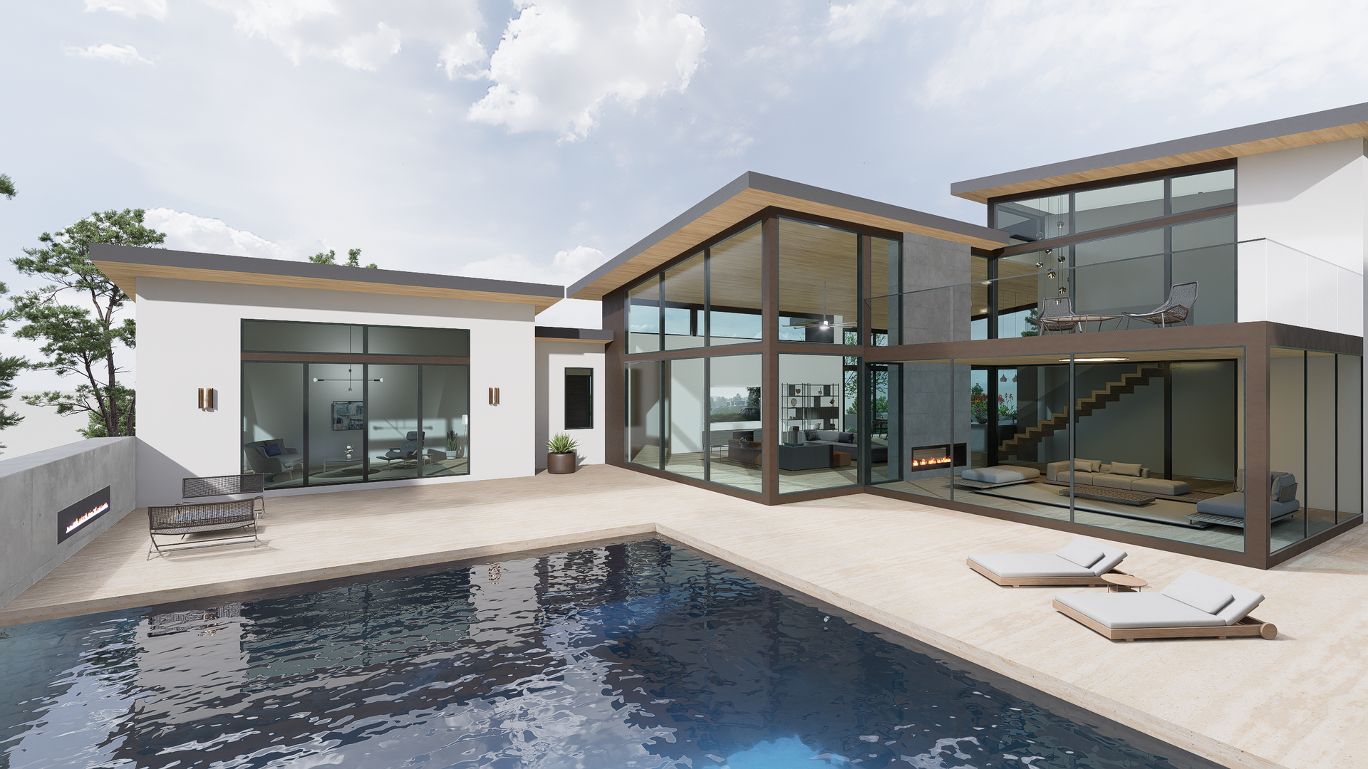 The back of the house is glassy and modern