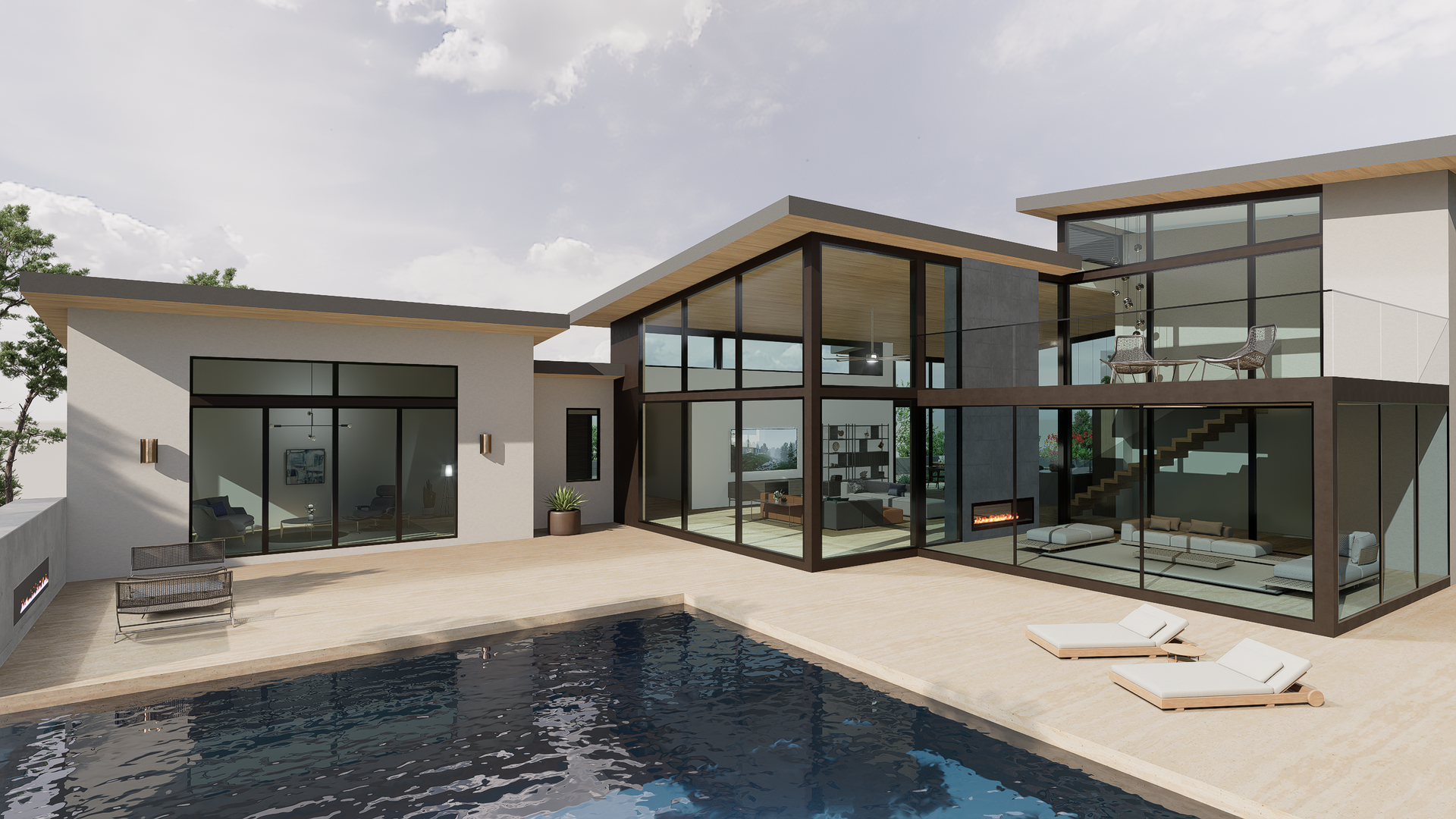 The back of the house is glassy and modern