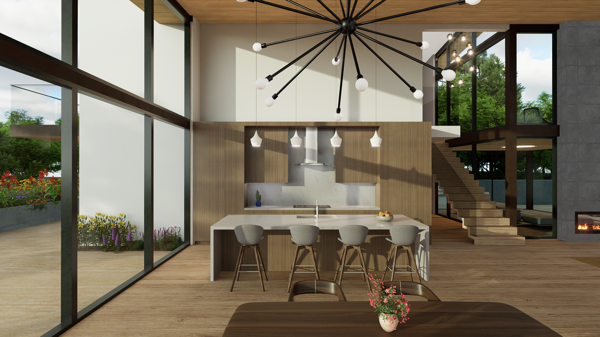 Angled skylight and windows illuminate the centrally located kitchen