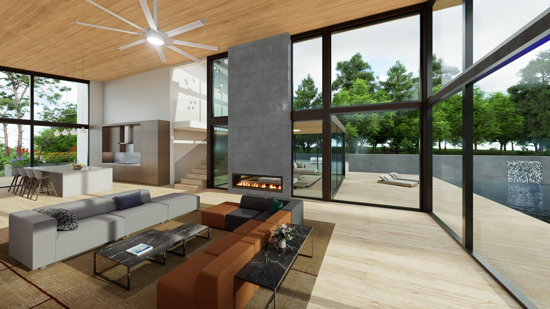 Glass walls at the back of the house connect to the outdoors