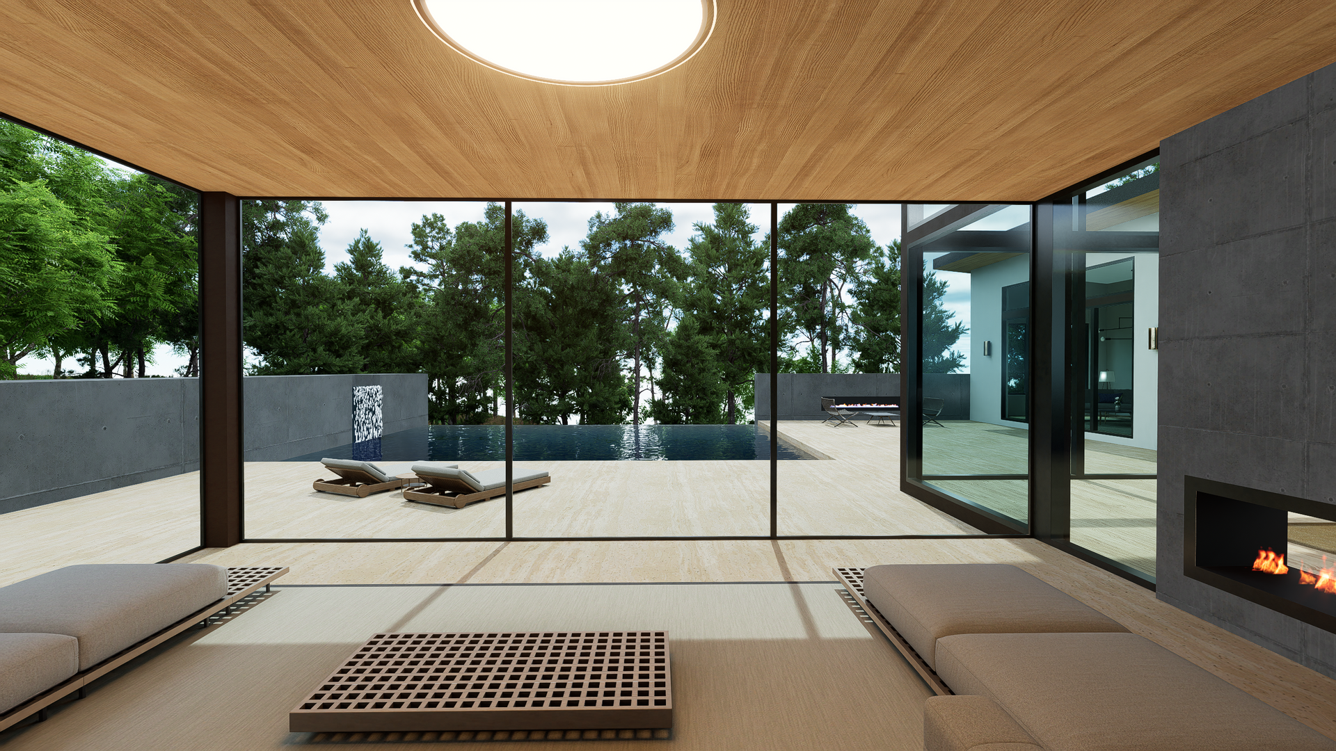 A living room with built-in cabinetry, fireplace and TV