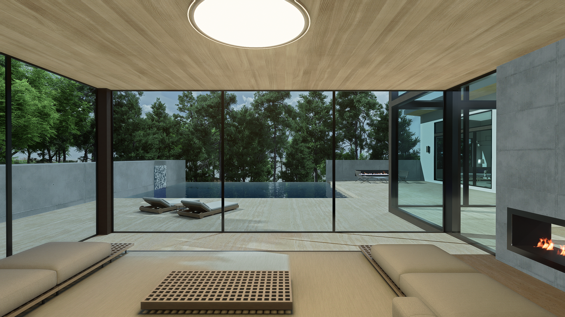 A living room with built-in cabinetry, fireplace and TV