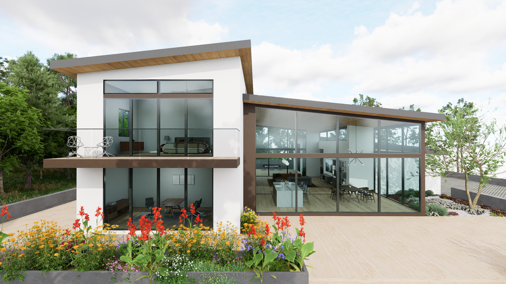 The master bedroom has a sloped ceiling and private garden views