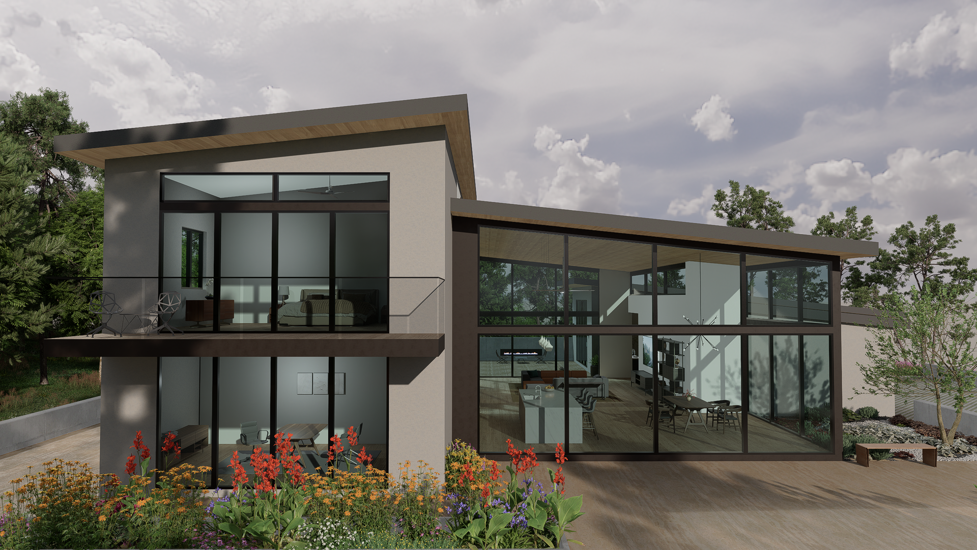 The master bedroom has a sloped ceiling and private garden views