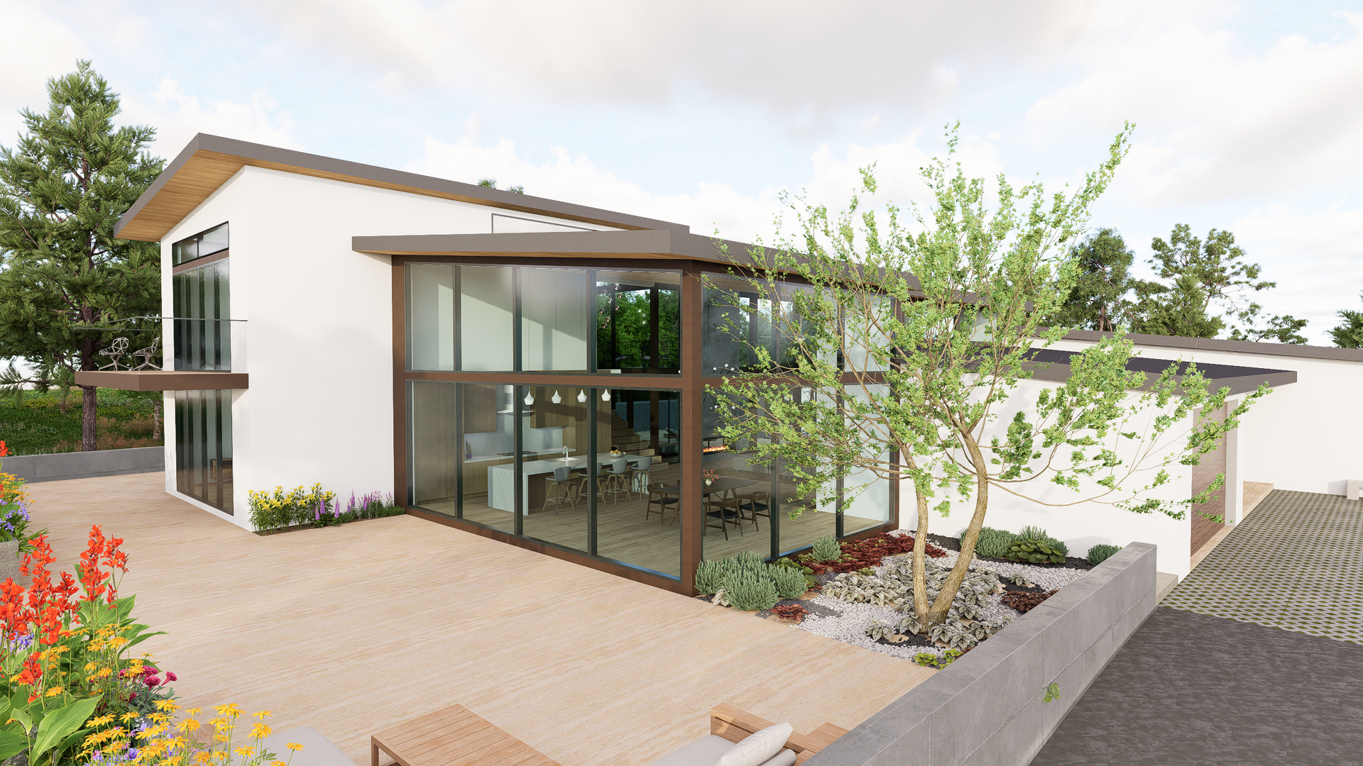 Unique window designs provide light and privacy to the interiors