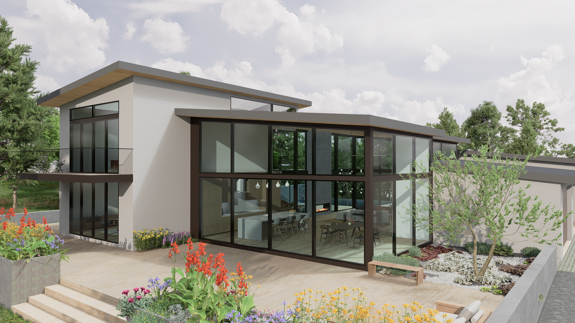 Unique window designs provide light and privacy to the interiors