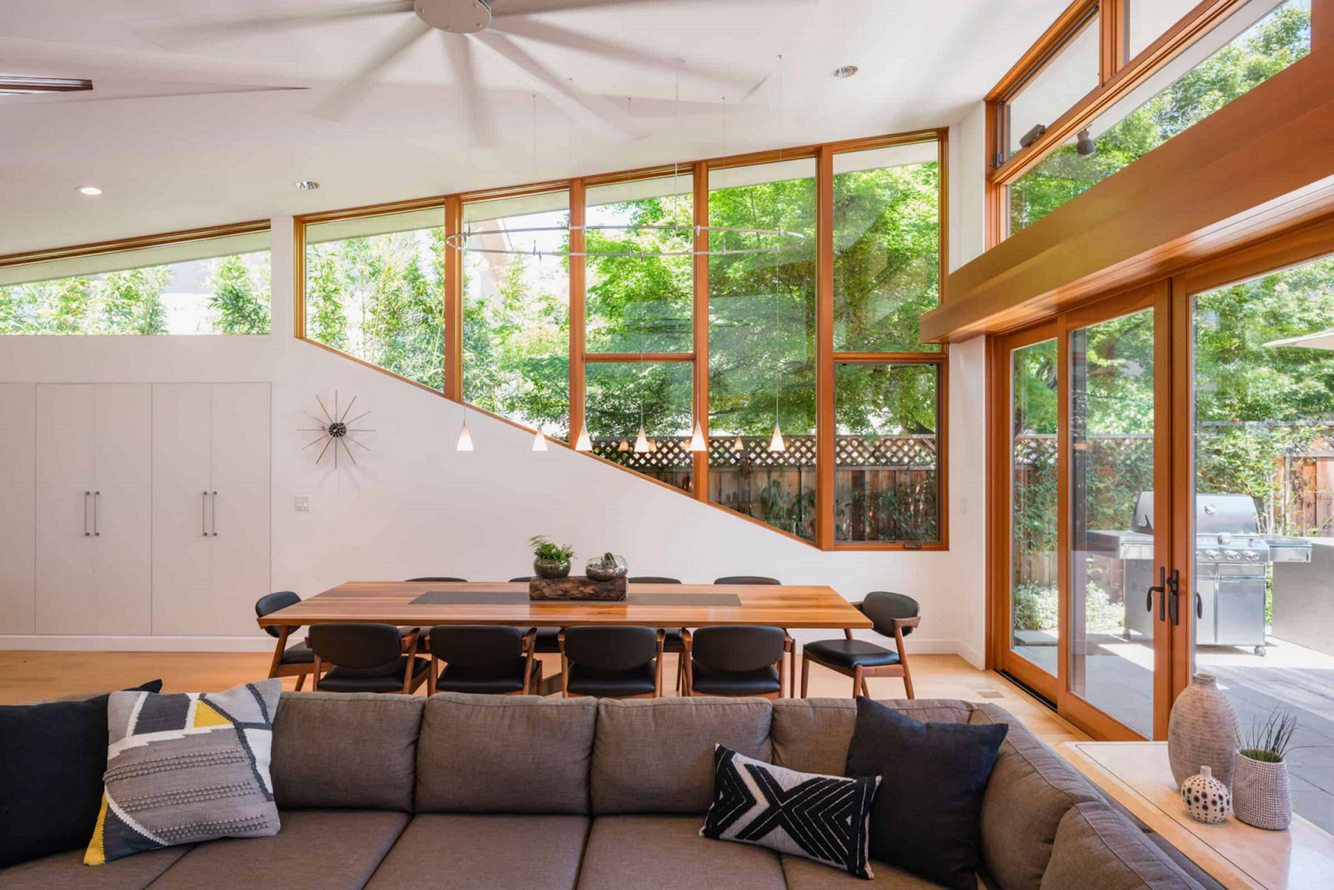 Unique window designs provide light and privacy to the interiors