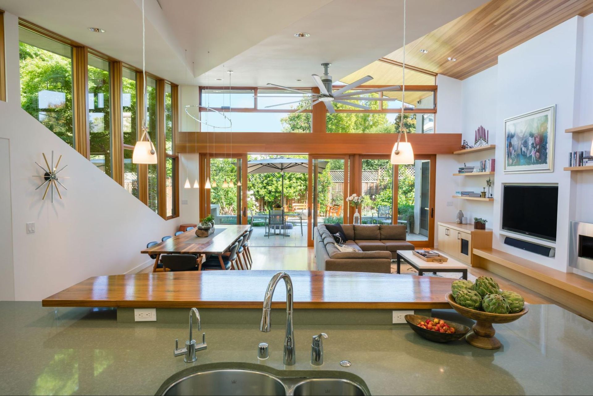 View from kitchen to the living and dining areas of the great room