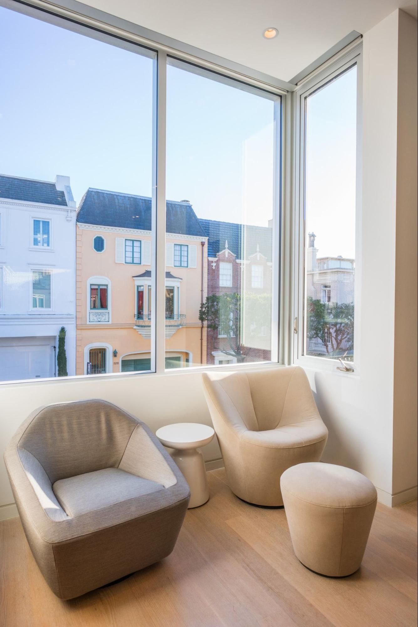 The newly squared bay window provides long views down the picturesque street 