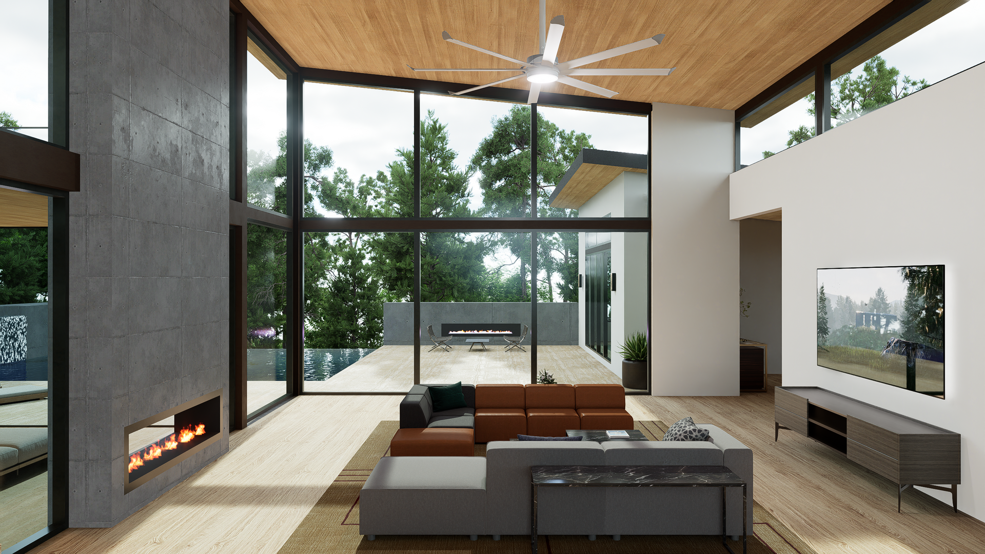 Dramatic angled clerestory and windows softly illuminate the great room
