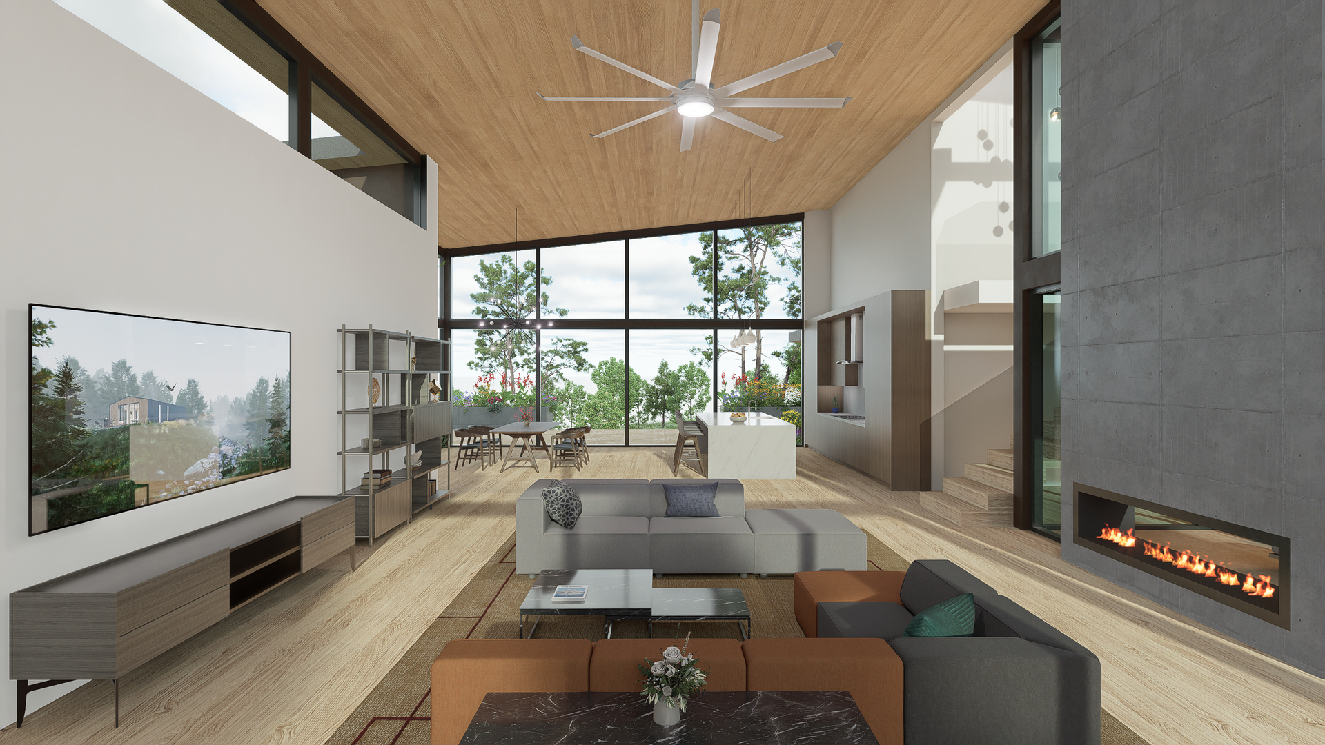 A built-in tv, fireplace with long hearth, and floating shelves anchor the living area