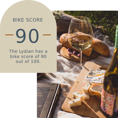 Outdoor Picnic with Wine & 90 out of 100 bike score at The Lydian apartment.