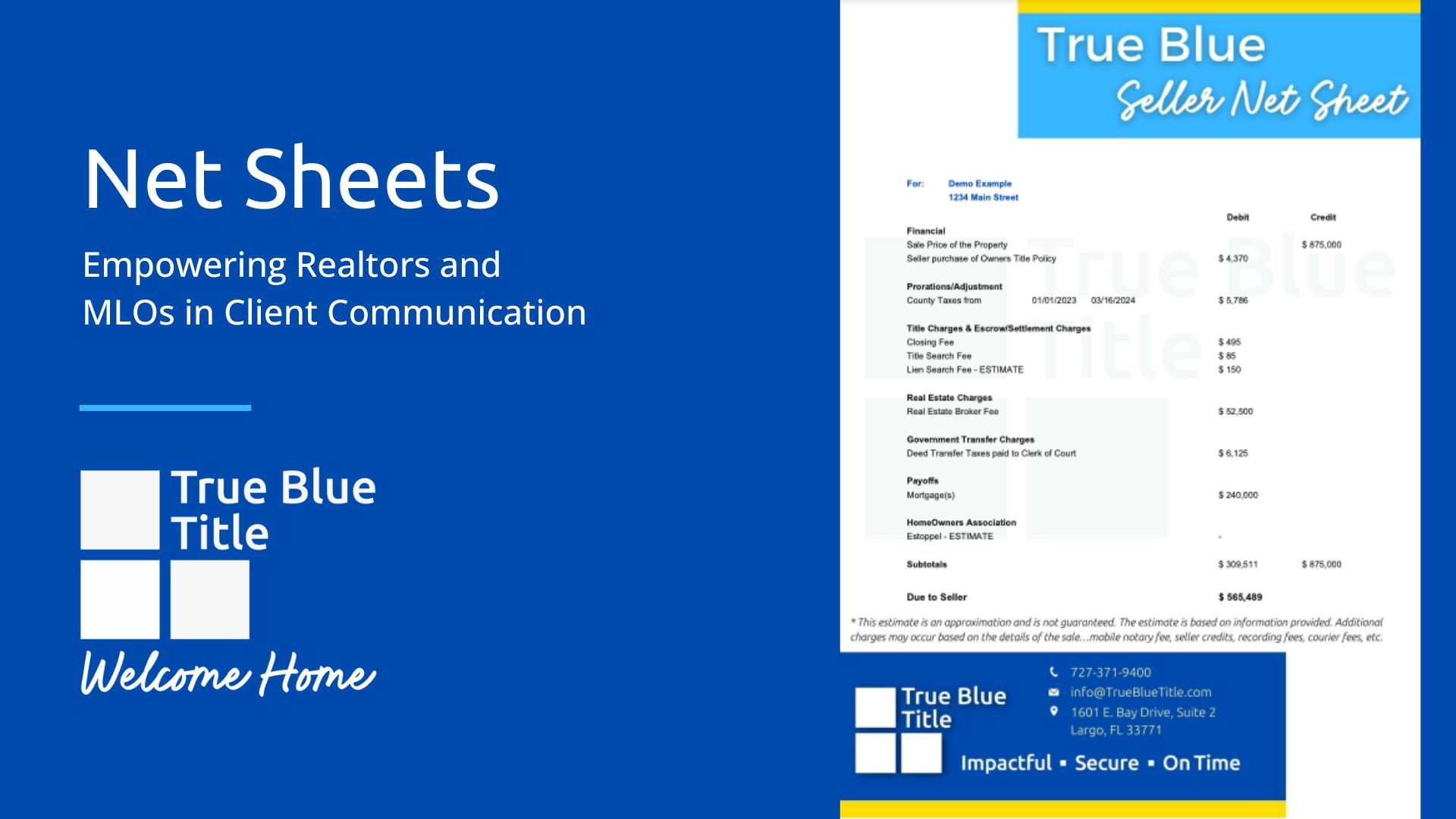 True Blue Title ad showing a sample Seller Net Sheet and contact details.