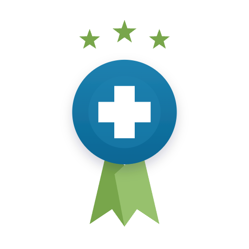 Blue medical badge with white cross, green ribbon, and three green stars above it.