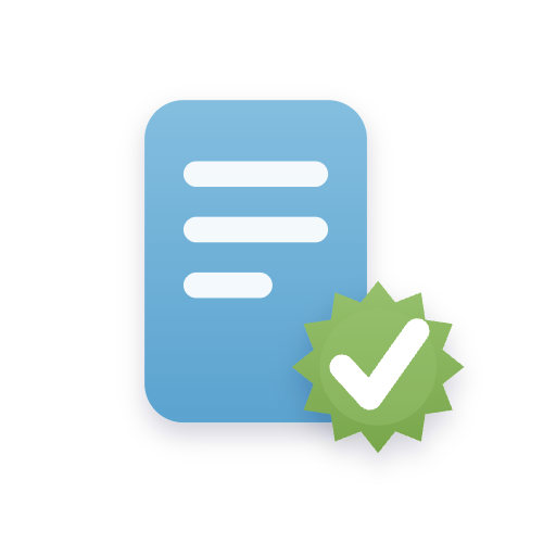 Blue document icon with white lines and green checkmark badge