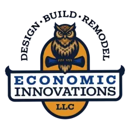 Logo for Economic Innovations LLC featuring an owl perched on a blue scroll, with the text
