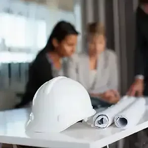 White hard hat and rolled blueprints on a table with two people blurred in the background