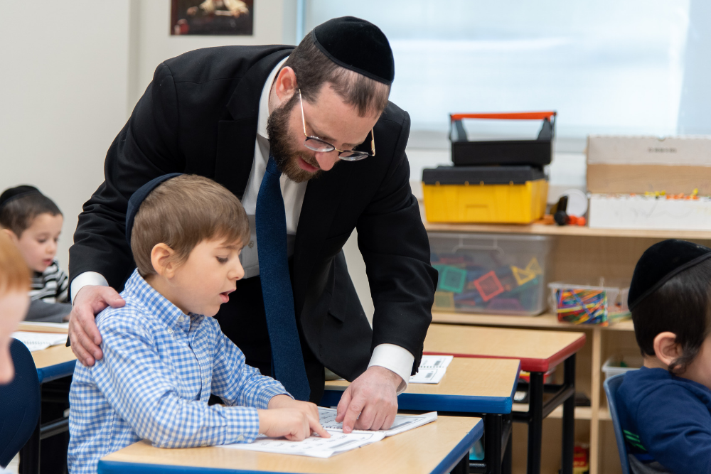 Orthodox Jewish children studying in school.