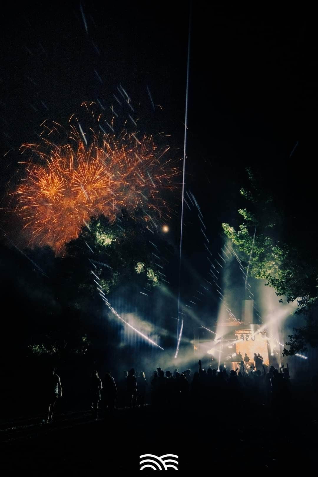 A crowd of people watching fireworks in the night sky.