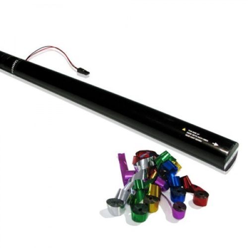 A confetti cannon next to a pile of colorful confetti