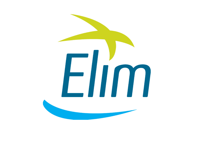 A blue and green logo for elim with a bird on it