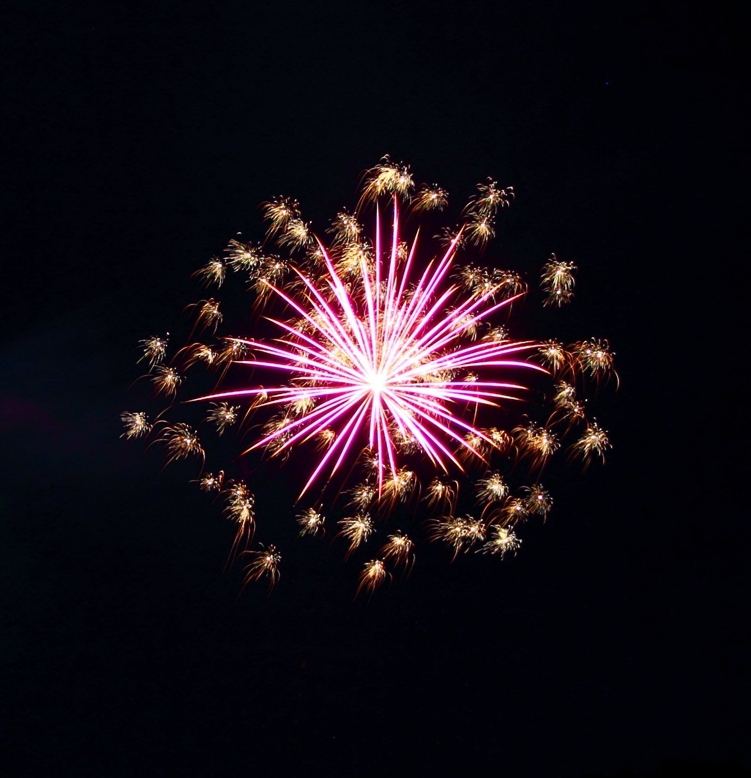 A pink and gold fireworks display in the night sky