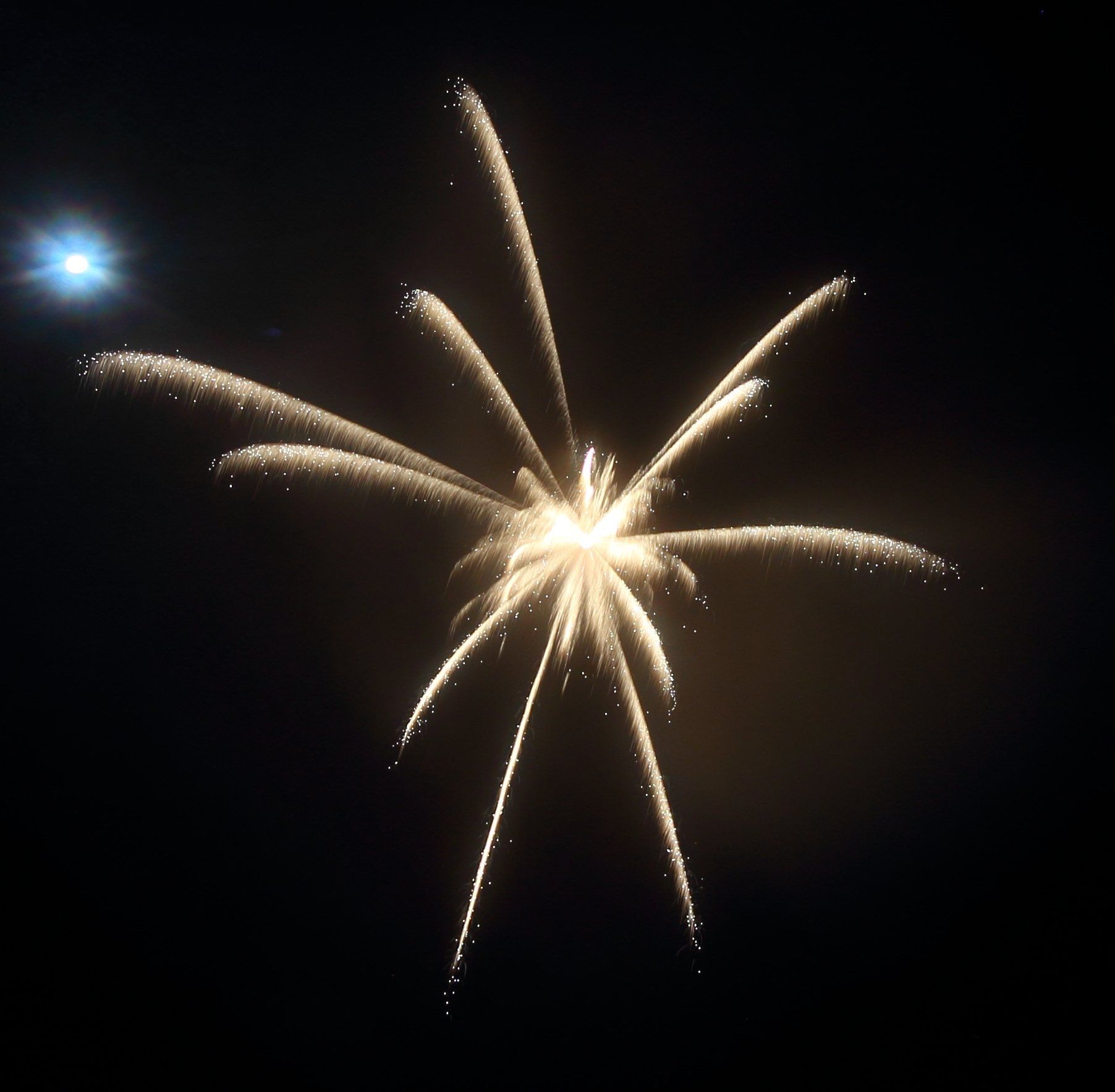 A fireworks display in the night sky with the moon in the background