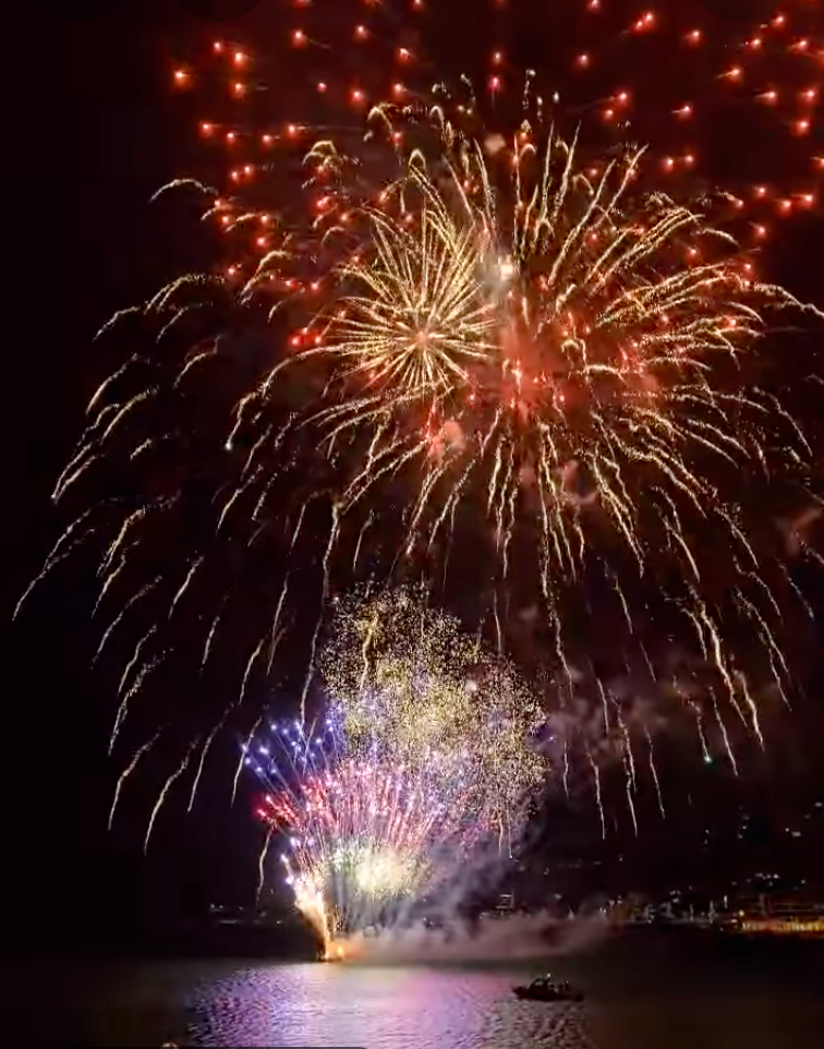 A fireworks display over a body of water