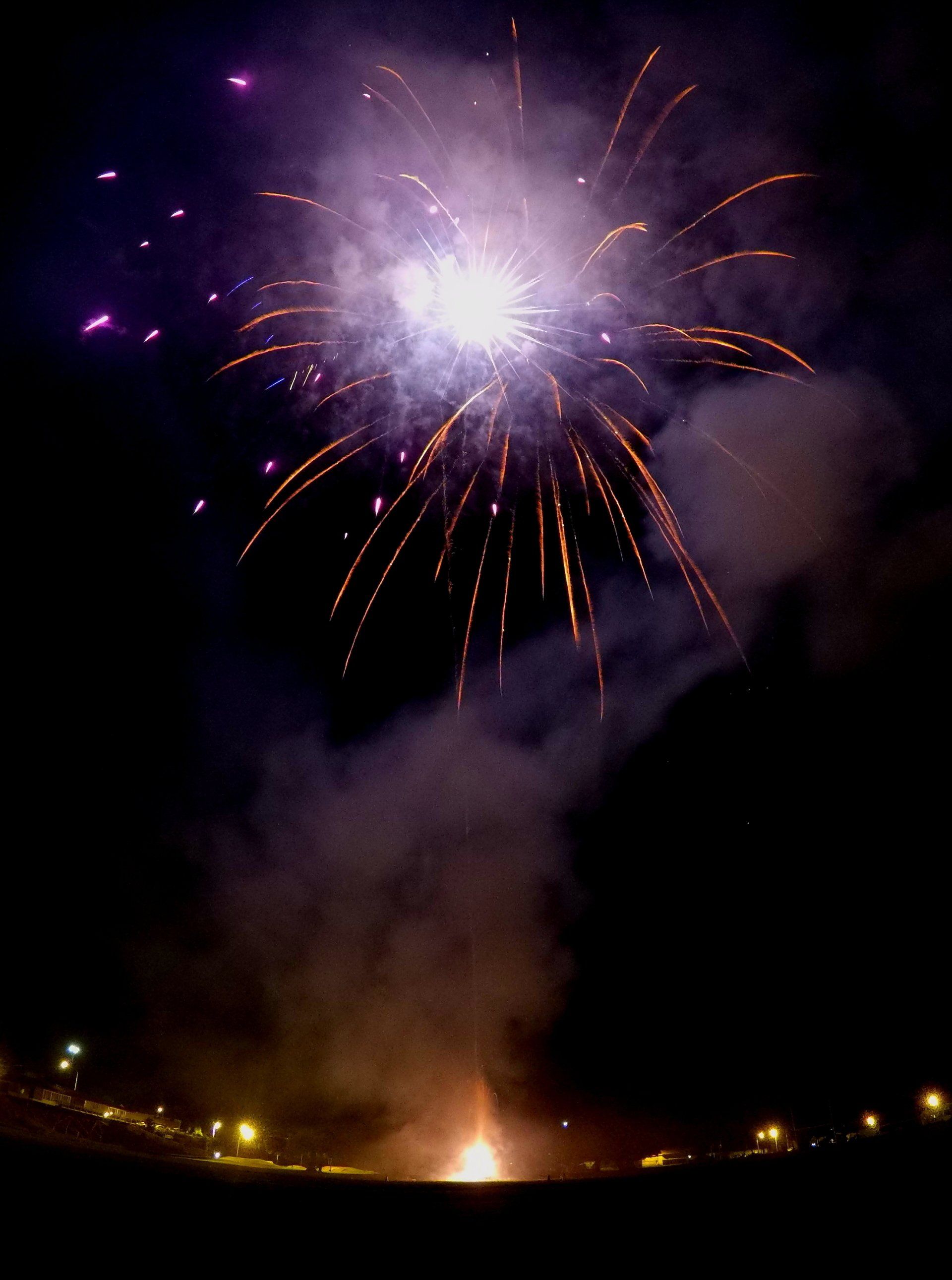 A fireworks display is going off in the night sky