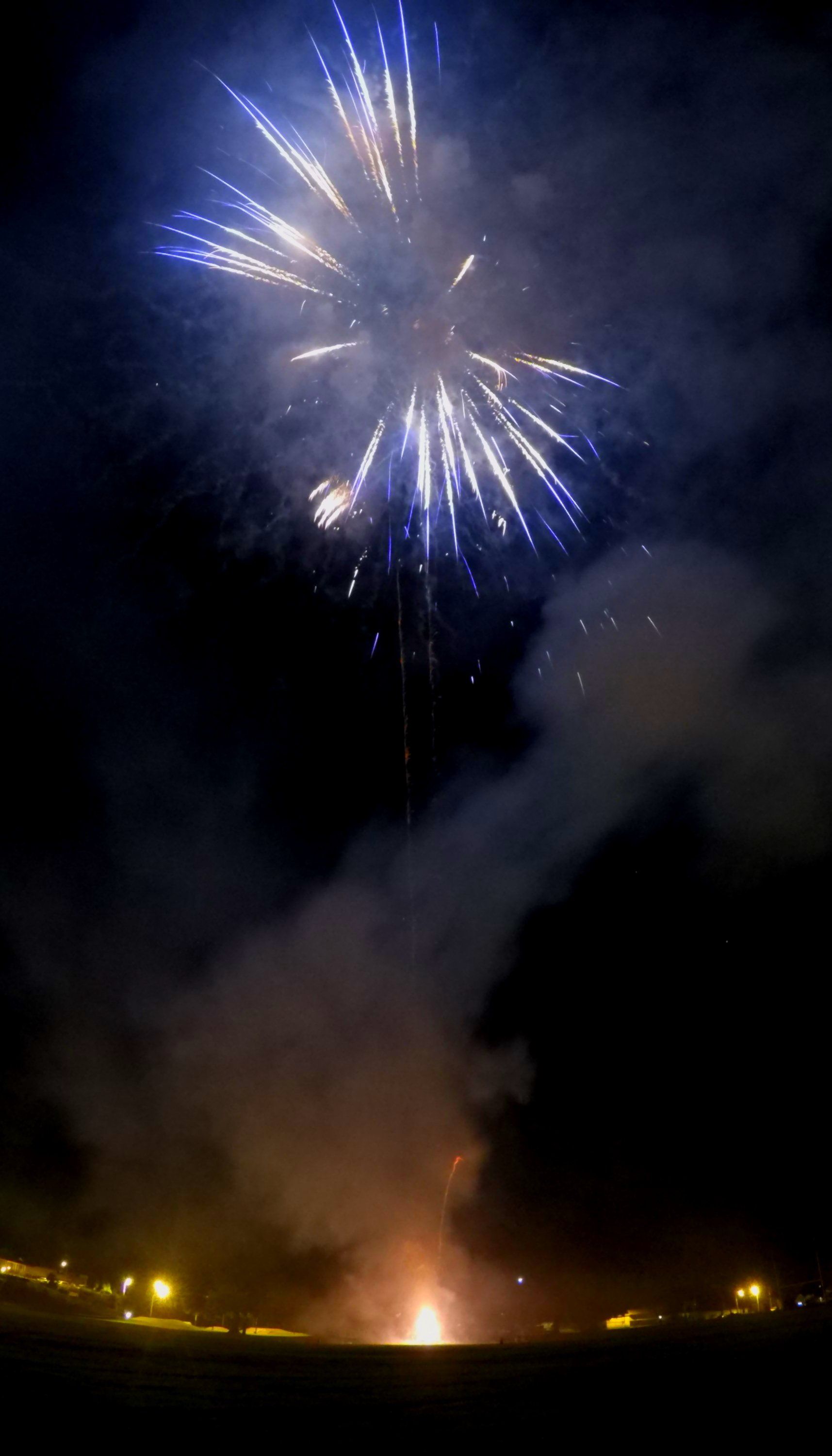 A fireworks display is going off in the night sky.