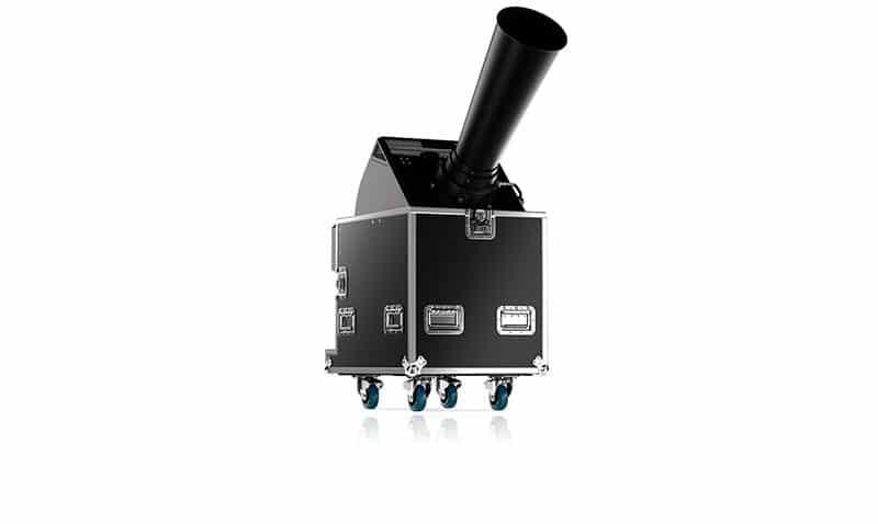 A black confetti cannon in a case with wheels on a white background.