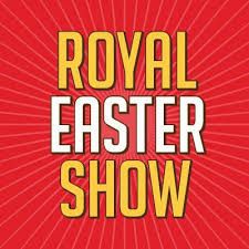 The logo for the royal easter show on a red background.