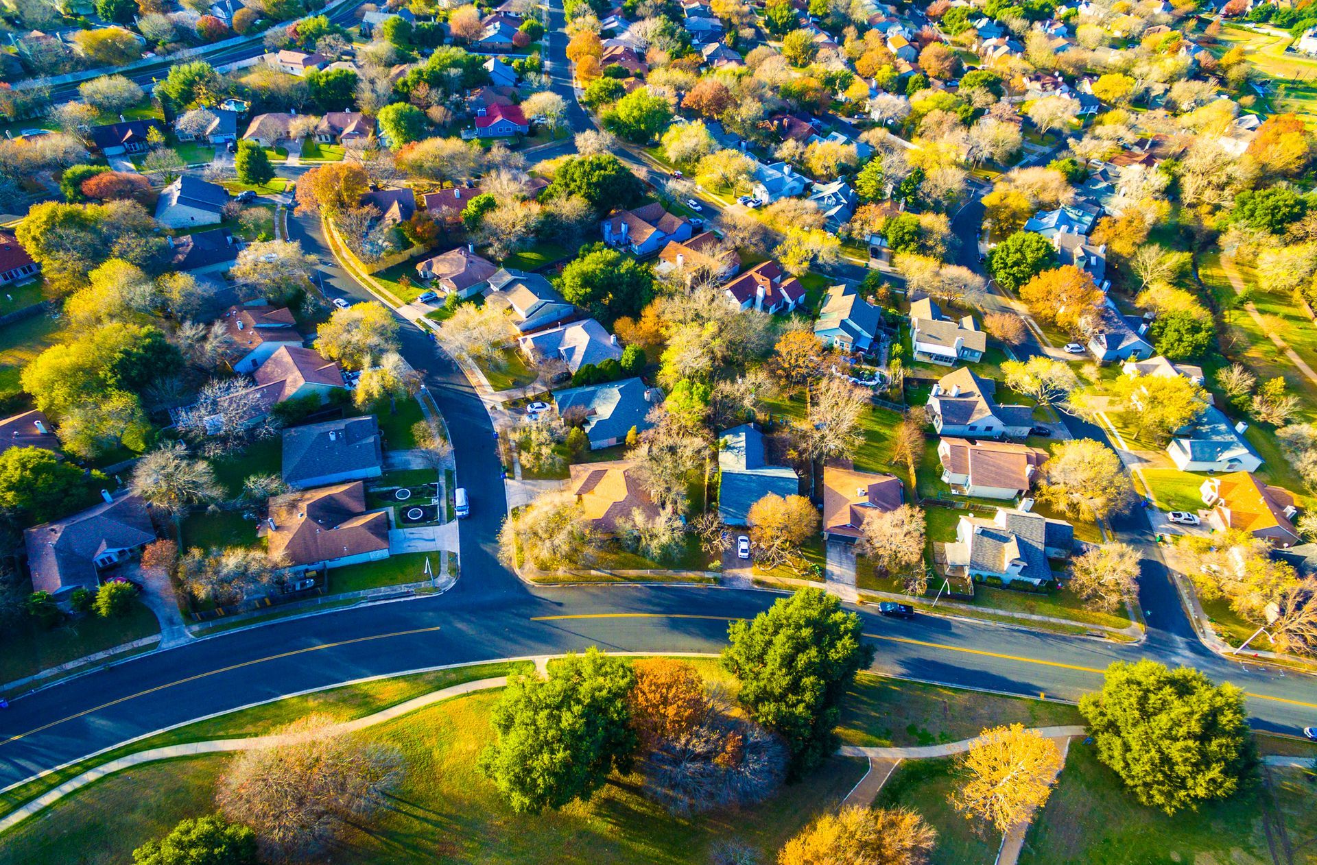 Drone view of neighborhood.
