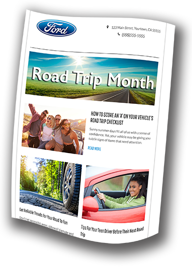 A ford road trip month newsletter with a picture of a woman driving a car.