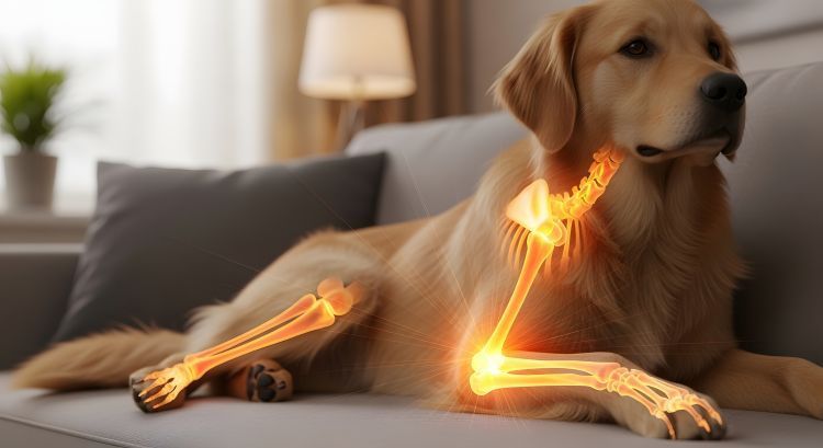osteoarthritis / arthritis in dogs concept: golden retriever lying on a couch, with glowing highlighted joints in its legs and hips.