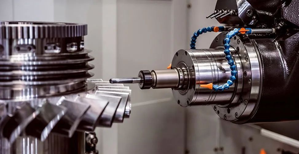 CNC machine cutting a metal gear.