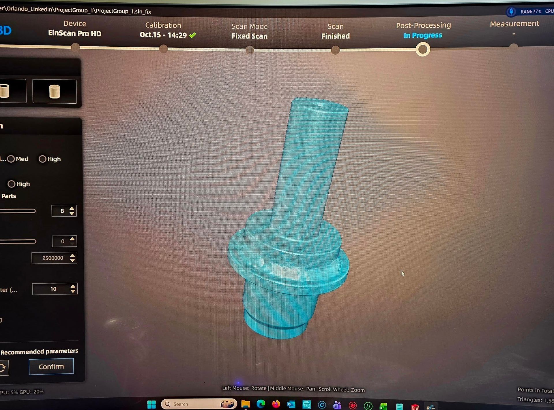 3D model of a blue mechanical part on a computer screen, likely for printing.