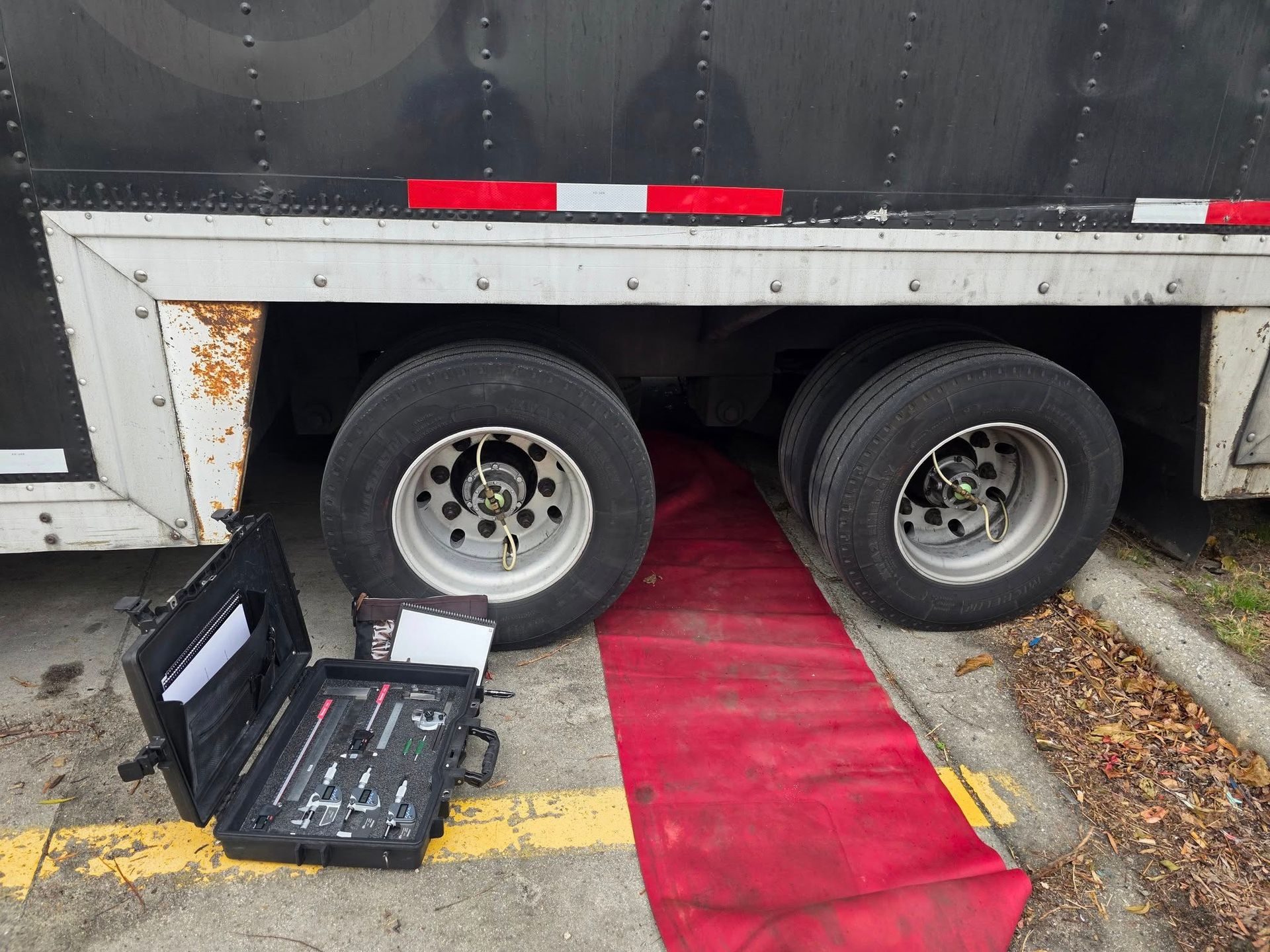 Black trailer with tires on red mat, toolbox on ground.