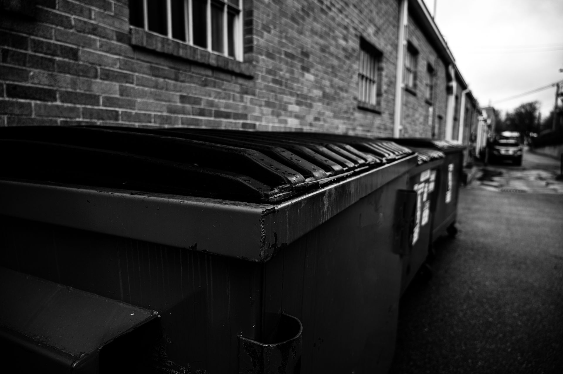 Black and white photo of a dumpster in an alleyway, beside a brick building with windows.