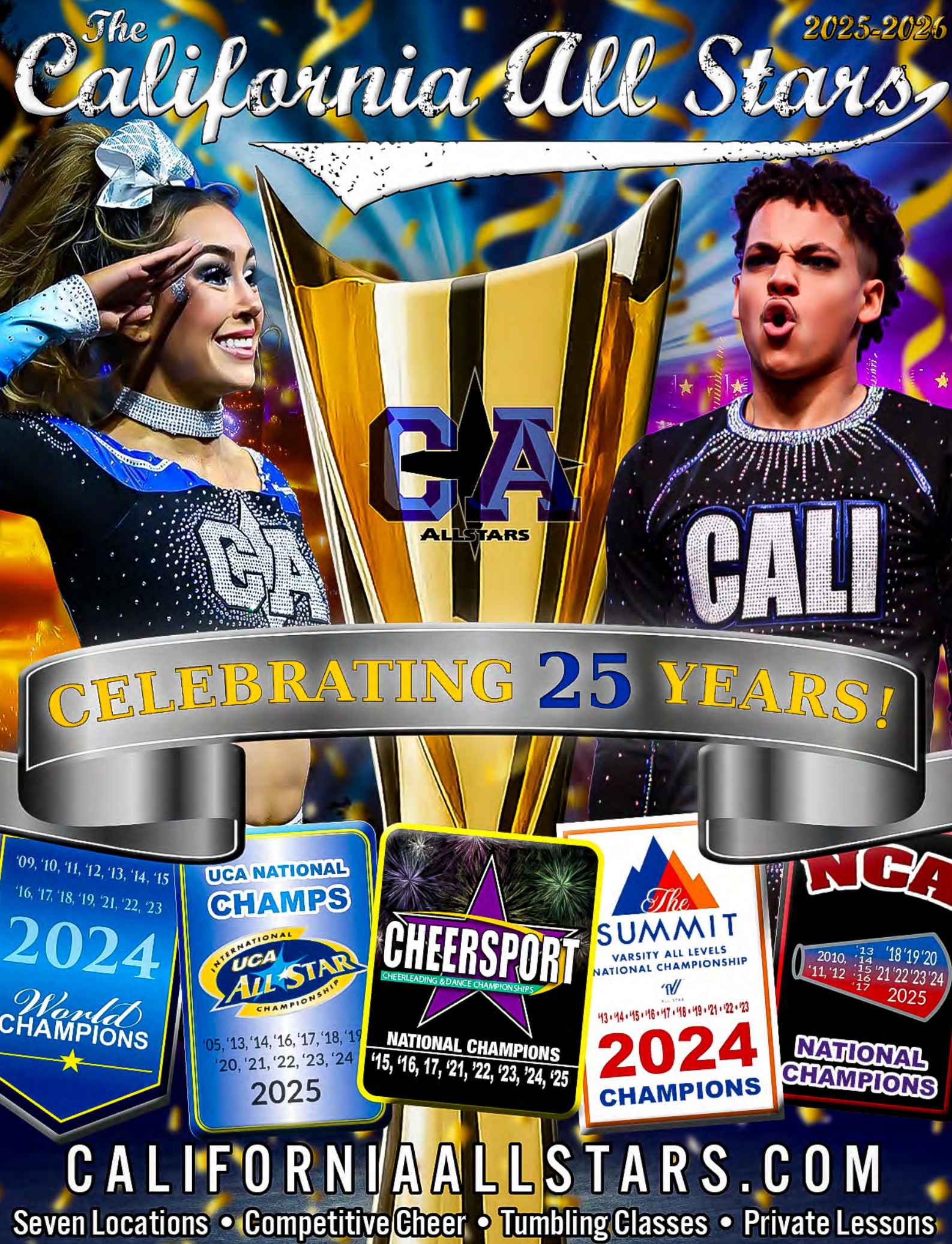 California All Stars cheerleading advertisement; two athletes, trophy, and awards, celebrating 25 years.