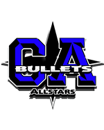 CA Bullets Allstars logo: Blue and black text on white, with star accents.