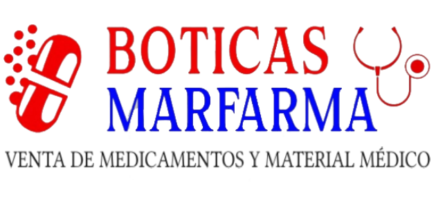 Un logotipo rojo y azul para Boticas Marfarma.