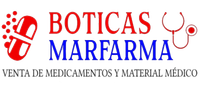 Un logotipo rojo y azul para Boticas Marfarma.