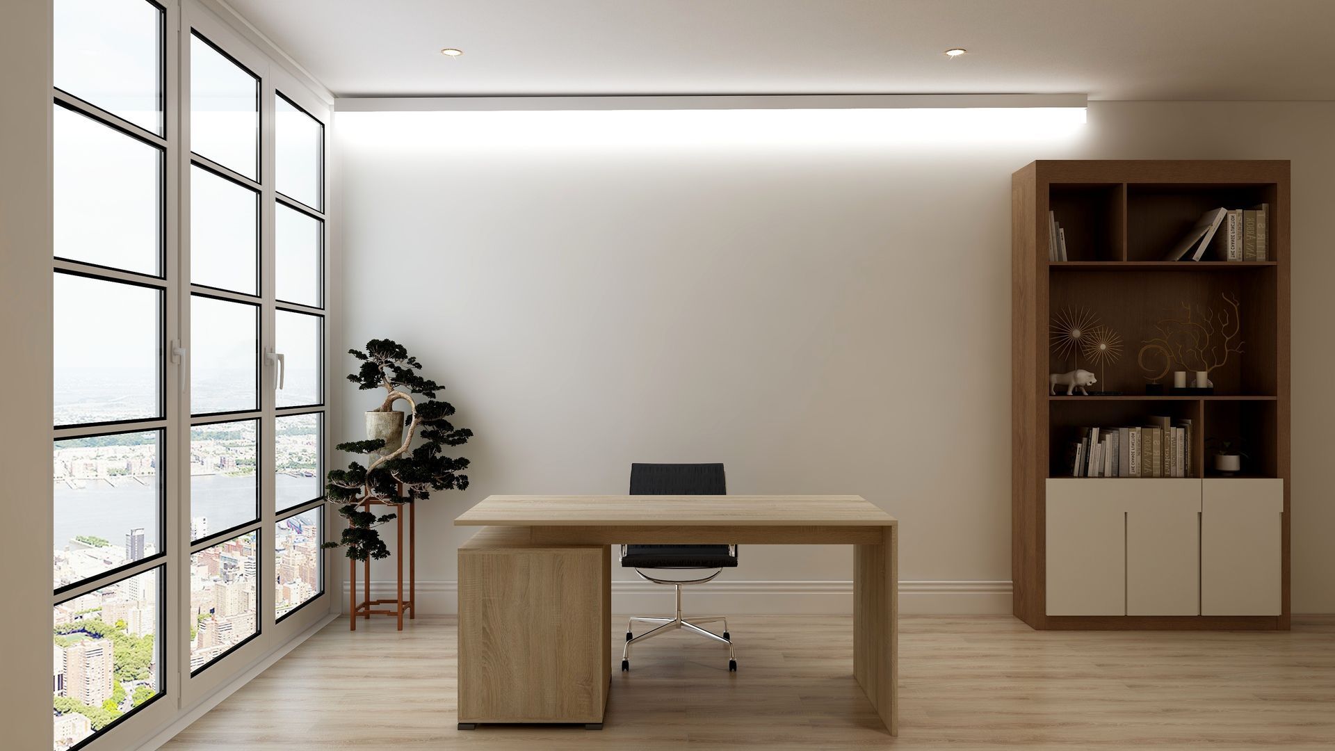 Office with large windows, desk, chair, bookcase, and a plant. Bright, modern space.