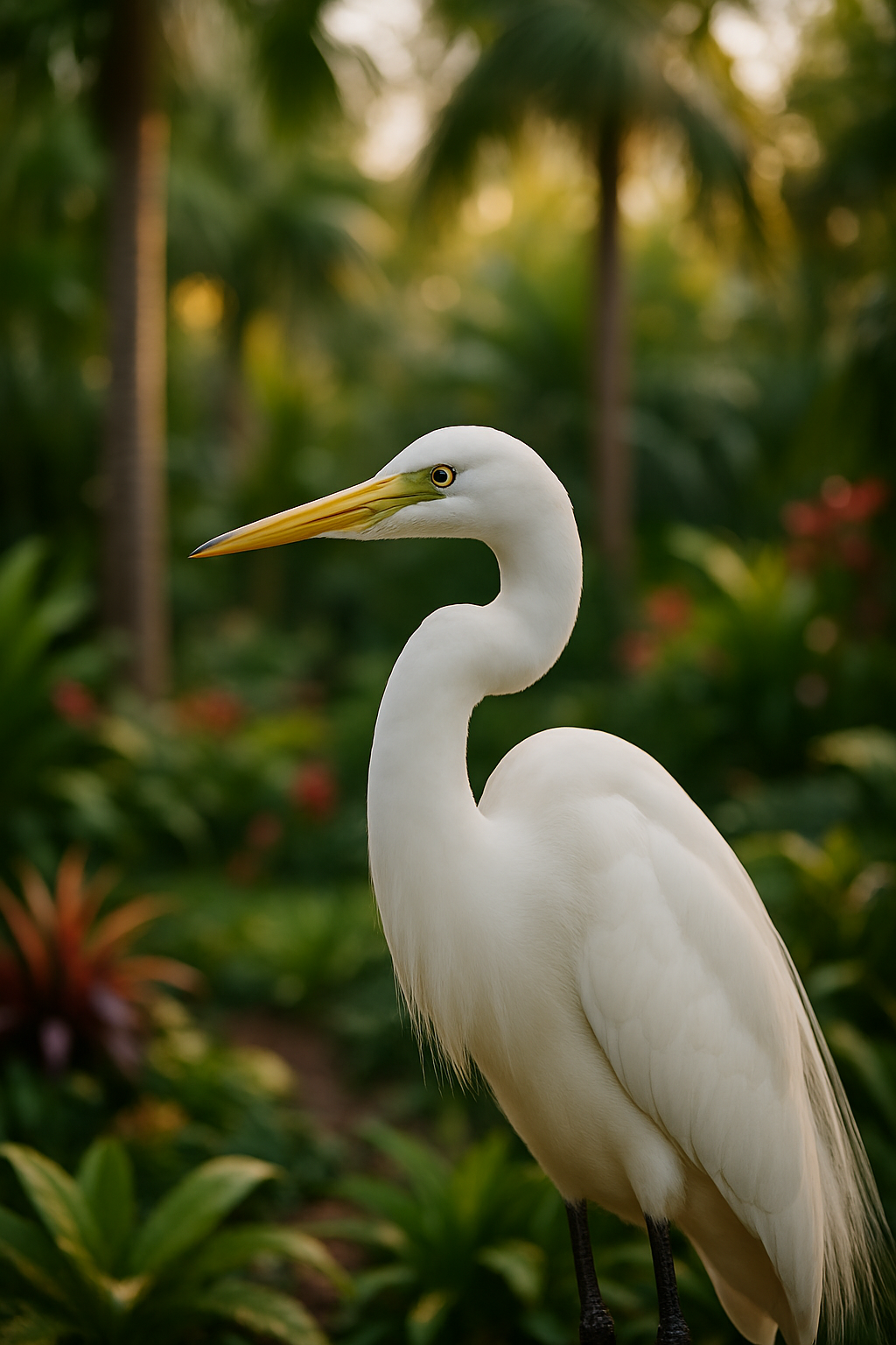 White Crane in a tropical garden setting