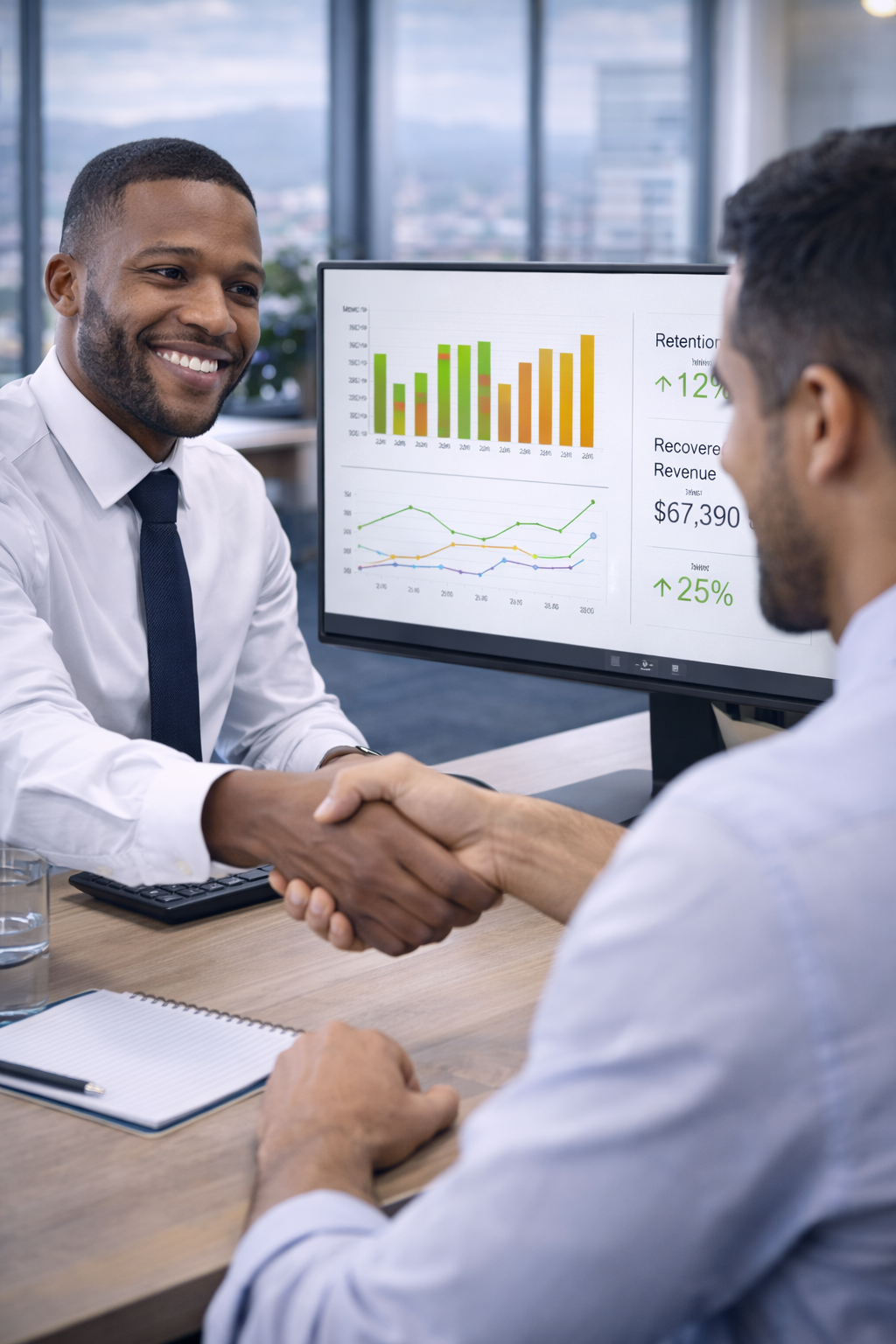 Two men shaking hands in an office, smiling near a computer screen displaying graphs.