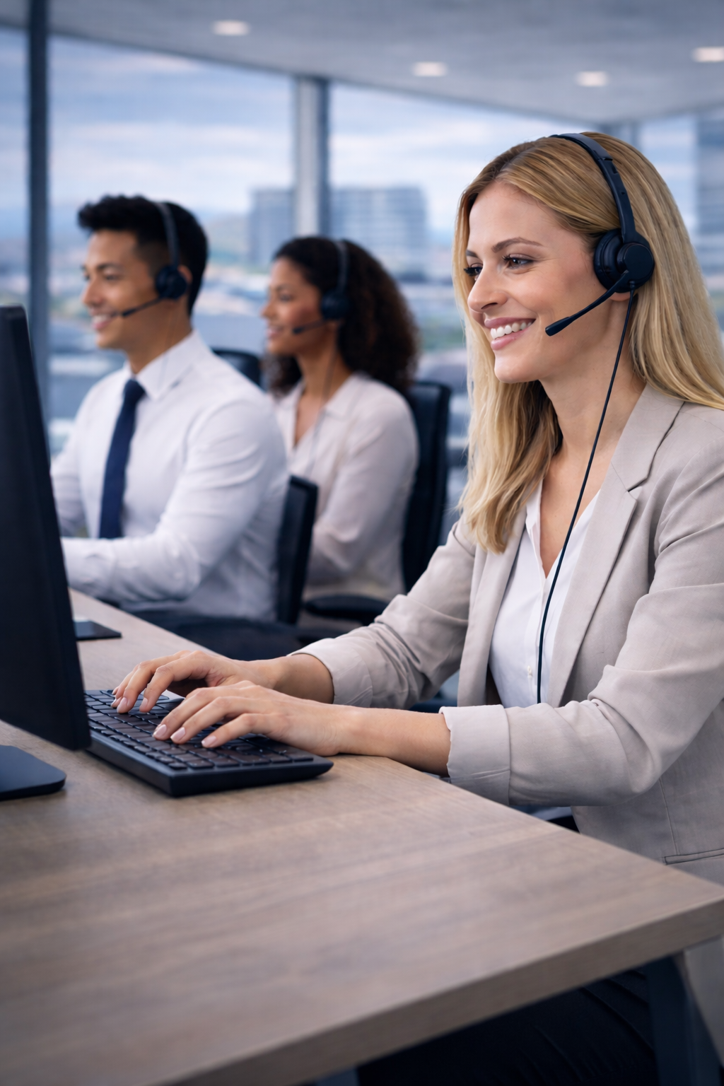 Three people in headsets at computers, smiling in an office setting.