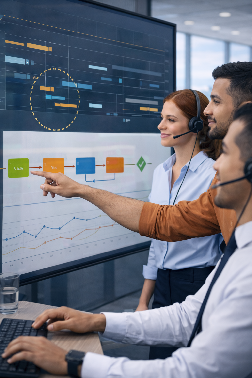 Three people in an office looking at a large screen with data and diagrams; one points.