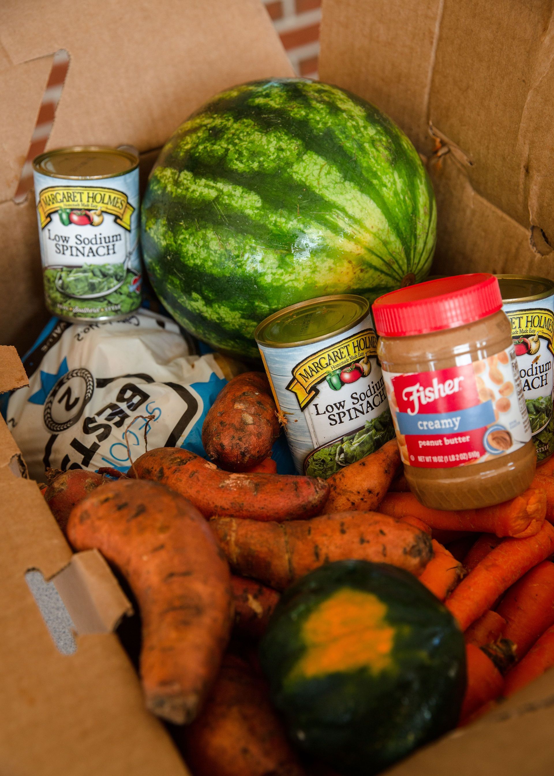A cardboard box filled with watermelon carrots and peanut butter