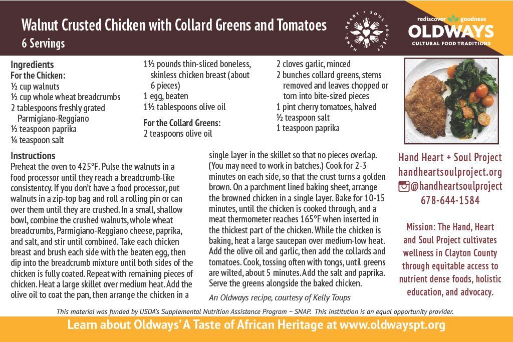 A recipe for walnut crusted chicken with callard greens and tomatoes